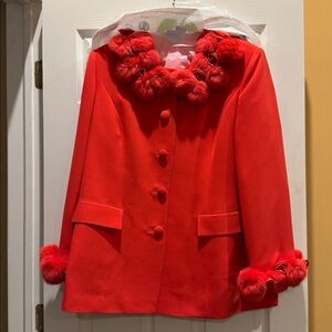 Milano vintage red jacket with faux fur pom poms fully lined coat . Size USA 20